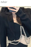 Temperament Skirt Outfits Chic Korean 2 Piece Set Women's Clothing Tunic Long Sleeve Diamond Crop Coat Bodycon Mini Skirts