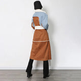 Toloer New Long Denim Splicing Lamb Wool Coat Female Lapel Waist Show Thin Temperament Fashion Coat-Outfit