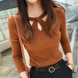 Hollow Out Pullover Women Sweater O-neck Slim Stretch Sexy Solid Color Sweater Autumn Winter Slim Bottoming Tops