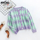 Aproms Vintage Green Purple Plaid Knitted Cardigan Women Winter Oversized Soft Sweater Female High Fashion Outerwear