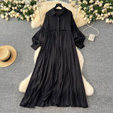 Retro Casual Dress Women's 2025 Spring Folding Lantern Sleeve Casual Loose Single-Dripple Shirt Long