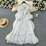 High-End Neckline Bow Tie Lantern Sleeve Lace Lace To Receive Waist Wave Dot Skirt Chiffon