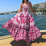 Women's New Printing Square Neck Tie Sling Skirt Folds Body Dress Dress