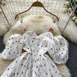 Spring And Summer Sweet Shoulder Slings Bubble Short Sleeve Cherry Print Waist Dress Women's Wooden Ear Short