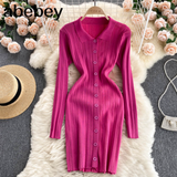 Women Sexy Sweater Dress Turndown-Collar Long Sleeves Elastic Pencil Dress Autumn Button Bodycon Stripe knitted