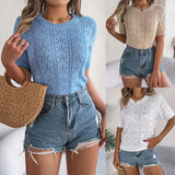 Shooting 2025 Spring And Summer Leisure Pure Color Hollow Short-Sleeved Knit Shirt Holiday Tops Women's