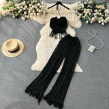 Toloer Seaside Vacation Set Women's Summer Knit Tassel Hanging Neck Top High-Waisted Hollowed-Out Trousers Two-Piece