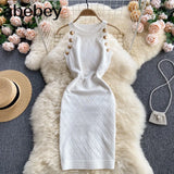 Button Details Sleeveless Knitted Bodycon Dress Women Summer Elegant Stretchy Dress Vintage Solid