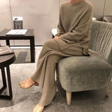 2022 Autumn Winter 2 Pieces Women Sets Knitted Tracksuit O-Neck Split Sweater and Wide Leg Jogging Pants Pullover