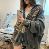 2022 Korean style Streetwear Skeleton harajuku zip-up loose skull print goth long sleeve hooded coat retro shirt student girl