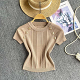 Girls Knit Round Collar T-Shirt Girls Summer Thin Short Thin Design Feeling Fried Street Pure Desire
