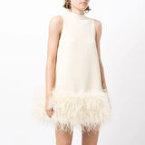 Toloer Sense Ostrich Hair Splicing Lady A-Line Dress 2024 Summer New Sleeveless Solid Color Dress-Outfit