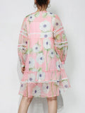 Casual Pink Print Dress For Women Round Neck Lantern Long Sleeve Loose Mini Dresses Female Fashion Clothing