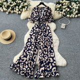 Dress Holiday Wear Chic Light Leisure V Collar Short Sleeves Tight Waist High Waist Thin Leg Print Jump
