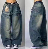Trend Of Spring And Autumn Street Dark Gotham Haircut Printed Jeans Loose Personality Wide-Legged Trousers-Outfit