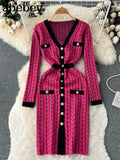 French Plaid Knitted Dress Women V Neck Sweater Sheath Hight Quality Dress Elastic Waist OL Warm Midi Long