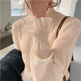 And Autumn New Chiffon Shirt Women's Horn Sleeves Super Fairy Loose Lotus Leaves Half High Collar Inside The Ocean Gas Bottom