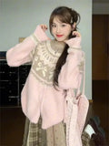 Pink Jacquard Bow Knitted Cardigan-Outfit