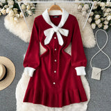 Fashion Bow Women Knitted Dress Contrast Long Sleeve Single Breasted Slim 2022 Autumn Elastic Streetwear A Line