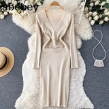 Women Knitted Pencil Dress Korean Long Sleeve V Neck Elastic Slim Dress Autumn Winter Sexy Bodycon Warm Sweater