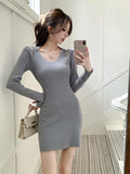 New Autumn 2024 V-Collar Hanging Neck Long-Sleeved Knitted Dress Shows A Slim Figure And A Bottom-Bagged Hip Dress.-Outfit