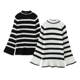 Black-And-White Striped High-Necked Pullover In Autumn-Outfit