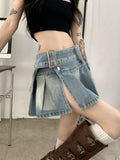 Pleated Denim Mini Skirt Women Vintage Y2k Summer Sexy Slit Belt Patchwork Low Waist Jean Skirt Casual Korean