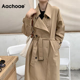 Aachoae Women Solid Long Trench Coat Double Breasted Elegant Office Coat With Belt Batwing Sleeve Female Casual Jacket