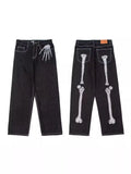 Street Skeleton Black Jeans Men's Hip-Hop Straight Loose Harajuku Casual Floor Jeans-Outfit