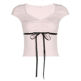 Style Wrinkle Splicing Collision Color Tie Bow Tie Girl Slim And Thin Knitted Short-Sleeved T-Shirt Girl-Outfit