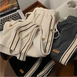 Striped Corduroy Sweatpants Women Winter Thick High Waist Drawstring Wide Leg Trousers Y2K Korean All-Match Straight Pants-Outfit