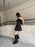 Black Pleated Strap Mini Dress-Outfit