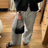 Women Y2K Aesthetic Wide-Leg Pants Stripe Drawstring High Elastic Waist Trousers Spring Fall Retro Sweatpants Bottoms-Outfit