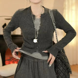 Dark Gray Slim Fake Two Knitted Shirt Women Autumn New Niche Temperament Thin Sweater