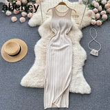 Knit Sexy Strap Dress Women Tank Elatic Waist Bodycon Sundress Female Beach Split Backless Long