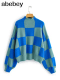 Women 2022 Fashion Plaid Pattern Oversized Turtleneck Sweater Lantern Long Sleeve Female Pullovers Chic Tops