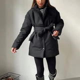 Casual Notched Parkas Women Fashion Tie Belt Solid Black Coats Women Elegant Single Breasted Cotton Jackets Female