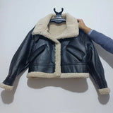 2022 New Fashion Suede Teddy Brown Woman Jacket Vintage Patchwork PU With Zipper Winter Coat Women Female Outwear