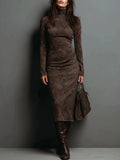Retro High-Necked Dress In Autumn 2025 Solid Color With Low-Sleeved