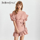 Casual Ruffles Women Dress O Neck Short Sleeve High Waist Lace Up Asymmetrical Mini Dresses Female Fashion