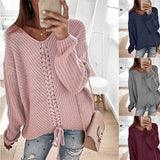 Toloer New Women Long Sleeves Loose V Neck Rope Exposed Back Jumper Knit Sweater Women's