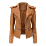 2021 Women Autumn zipper Soft Leather Jacket Coat Turn-down Collar Casual Pu Motorcycle Black Punk