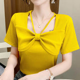 Women's Summer Pullover Halter Square Collar Screw Thread Solid Color Bow Short Sleeve T-shirt Korean Fashion Office Lady Tops 1028-0-Outfit