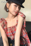 Blouse Women Summer Fashion Shirts 2023 Blusas Mujer De Moda Loose Backless Ruffles Blouses Korean Plaid Cute Tops