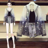 Size Summer Women Fashion Gradient Mesh Star Sequins Sunscreen Shirt Cardigan Jacket
