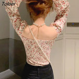Women Folds Slim Summer Casual Long Sleeve Crops Students Korean Style Vintage Romance Floral Popular Blusas Female