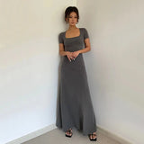 Bodycon Midi Dress Women Summer Korean Short Sleeve Square Collar A Line Dress Y2K Solid Elegant Club Party Vestidos-Outfit