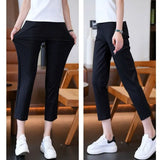 Women Pants Korean Style 2023 Summer New High Waist Slim Thin Crop Casual Solid Pockets Elegant Fashion Trousers-Outfit