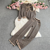 Toloer Suit Female Round Collar Jacquard Cardigan Coat Vest Three-Piece High Waist Slim Straight Wide Leg