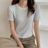 White Knitted Bottom T-Shirt Hottie New Ice Silk Short-Sleeved Woman Design Slim Short Thin